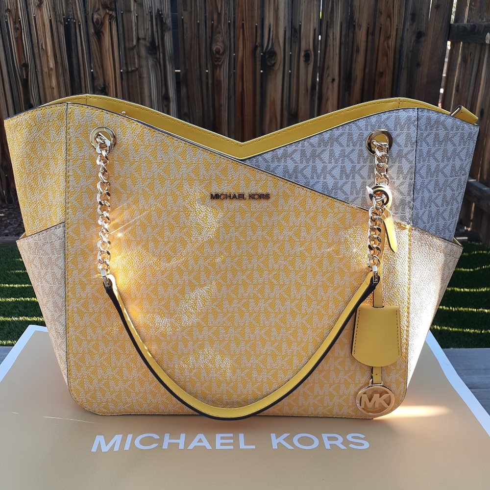 NWT Michael Kors Jet Set Travel Large Chain Shoulder Tote Daffodil Yellow Signat